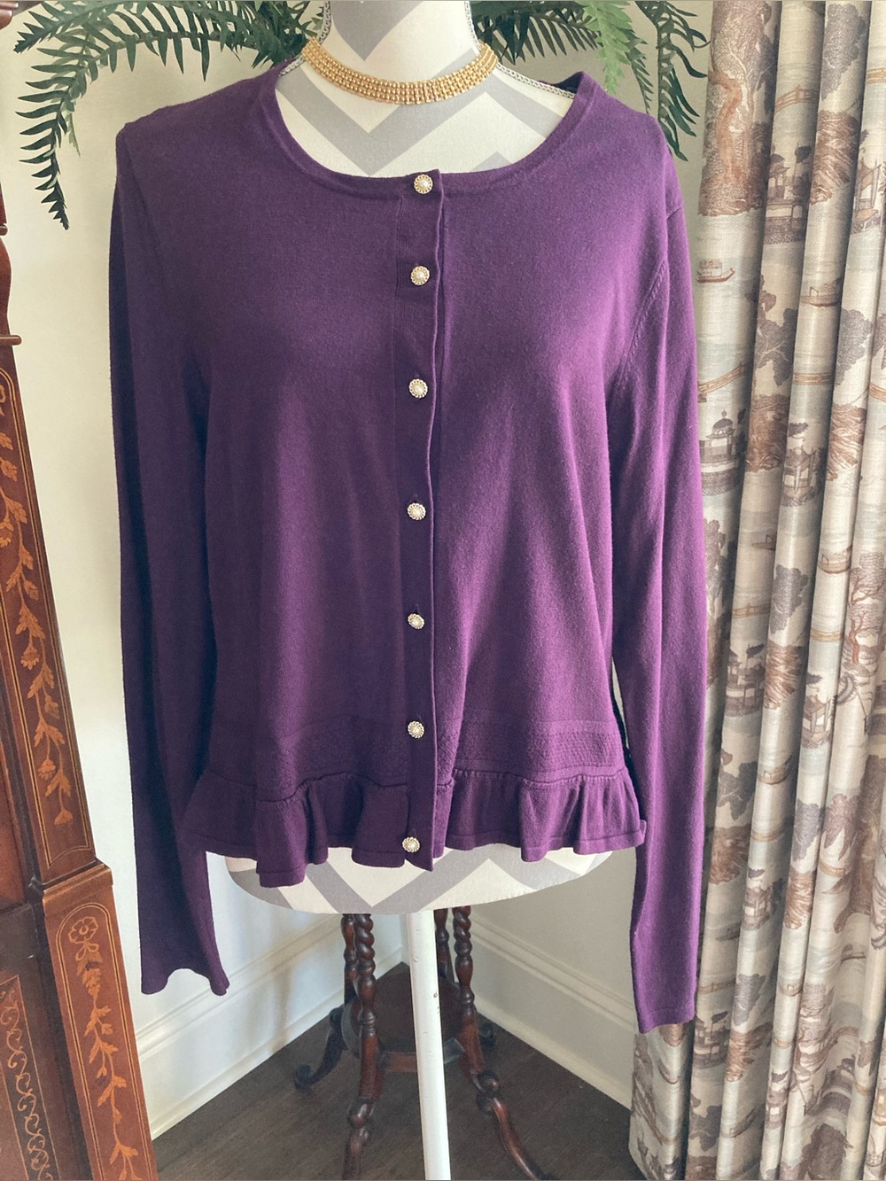 KARL LAGERFELD PARIS Purple Knit Button-Front Ruffle Hem Cardigan Sweater XL